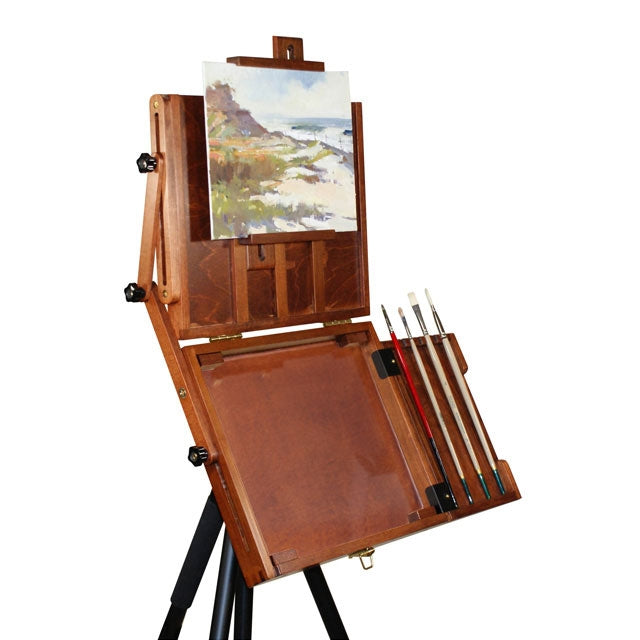 Medium Sienna Plein Air Pochade Box with Tripod (sold separately) - Brushes not included.