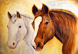 a drawing of a white horse and a brown horse with a white strip between its eyes down to its nose.